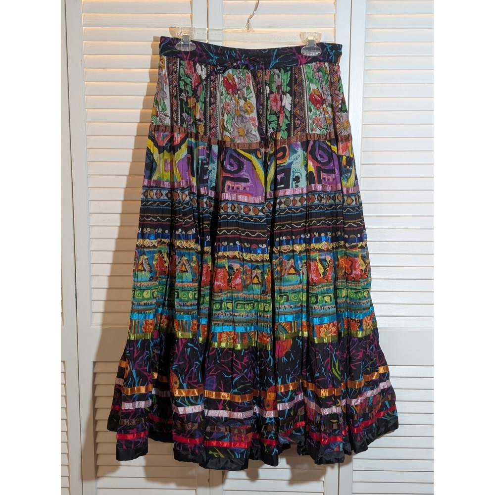 TravelSmith PM Multicolor Patchwork Print Cotton Tiered Maxi Skirt Ribbon Trim